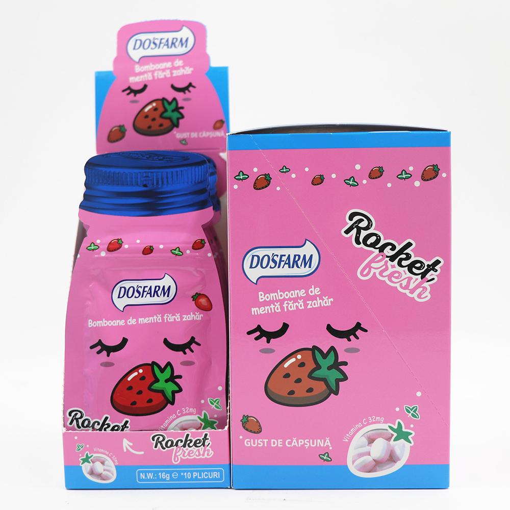 Usine de vente en gros de bonbons à la menthe sans sucre, société chinoise - Bonbons à la fraise et à la menthe compressés pour rafraîchir l'haleine des fumeurs - DOSFARM photos détaillées