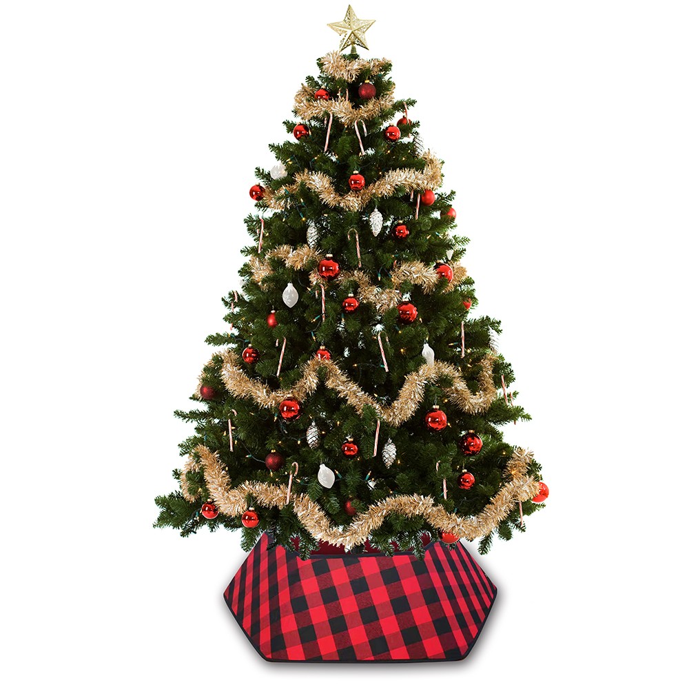 Sechseckiger Weihnachtsbaumkragen mit rot-schwarz karierter Basis