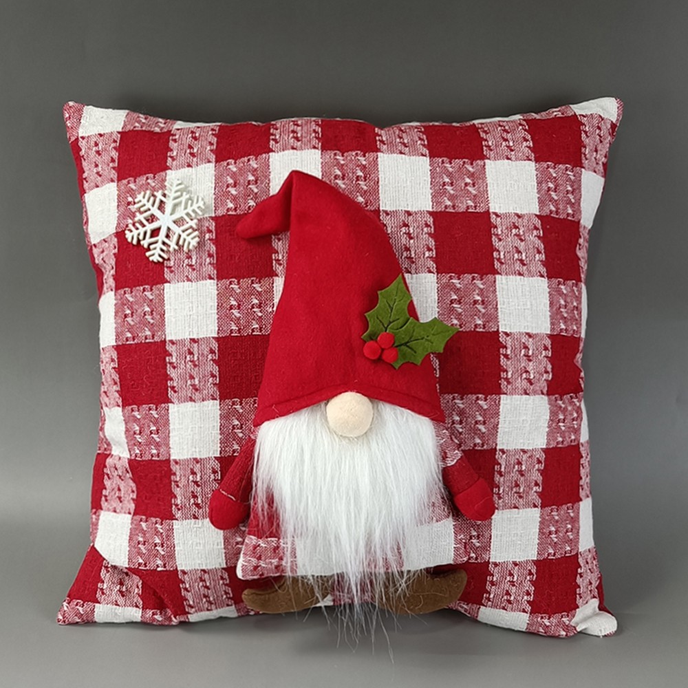 Noel Yastığı İçin Kırmızı Ekose Gnome Yastık Örtüsü