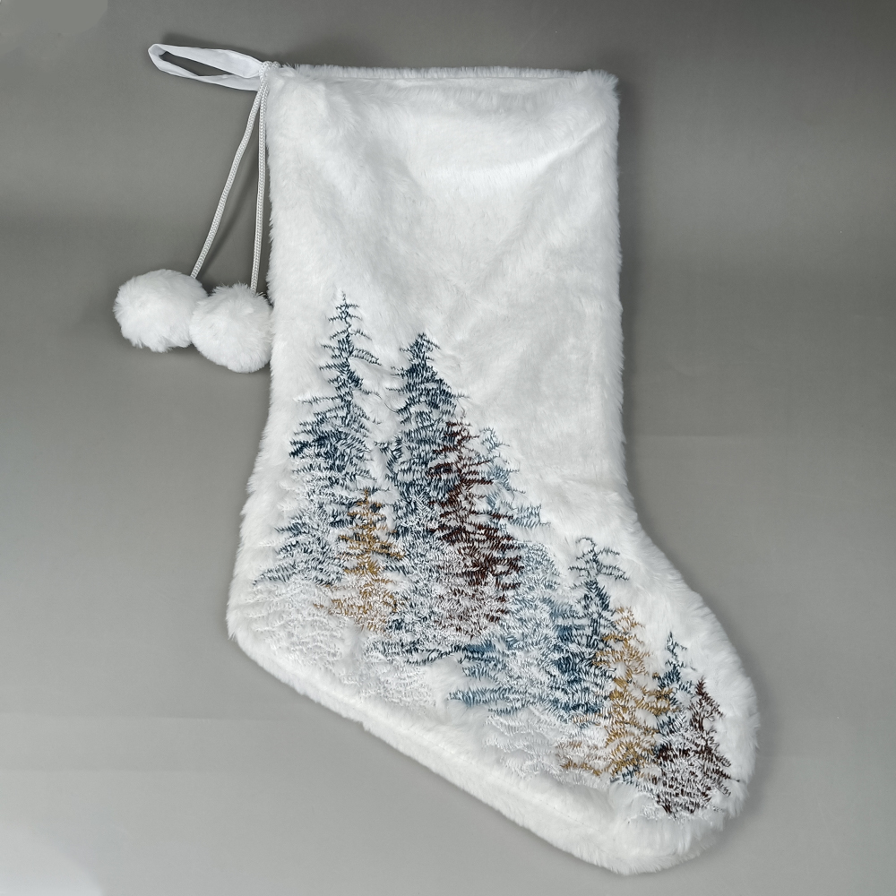 Meia de Natal bordada com árvore de Natal de floco de neve de veludo