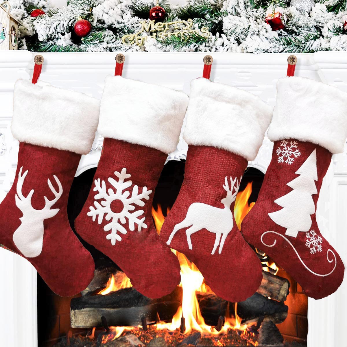 Rustic Burlap Buffalo Plaid Christmas Stocking