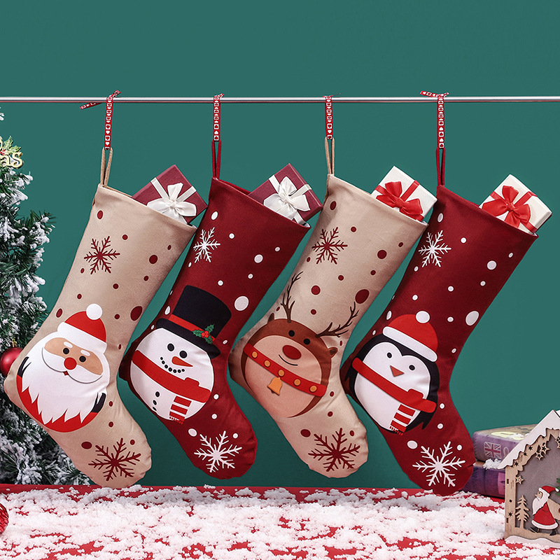 Lüks Baskı Ren Geyiği Kardan Adam Kar Taneleri Vintage Noel Çorabı Keçe