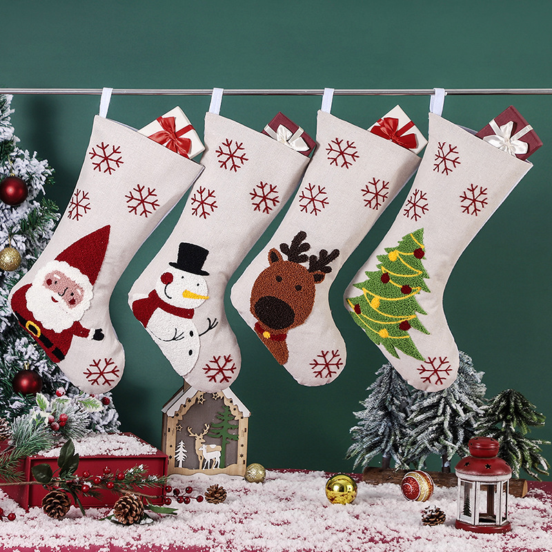 Toptan Keçe Noel Çorabı Vintage İşlemeli Beyaz Noel Çorabı Keten