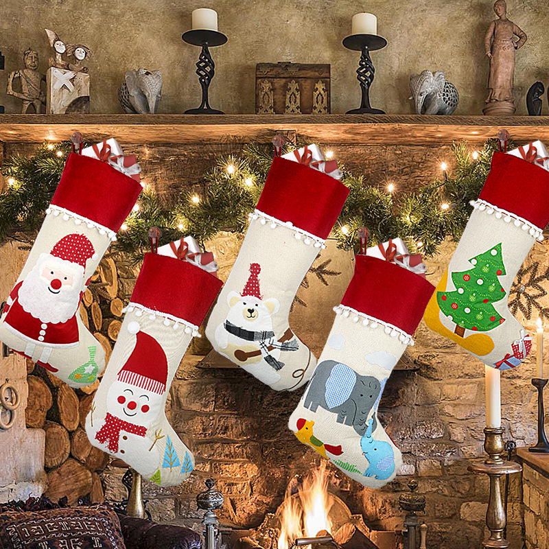 Santa and Snowman Christmas Stockings - 18.5 Inch Linen