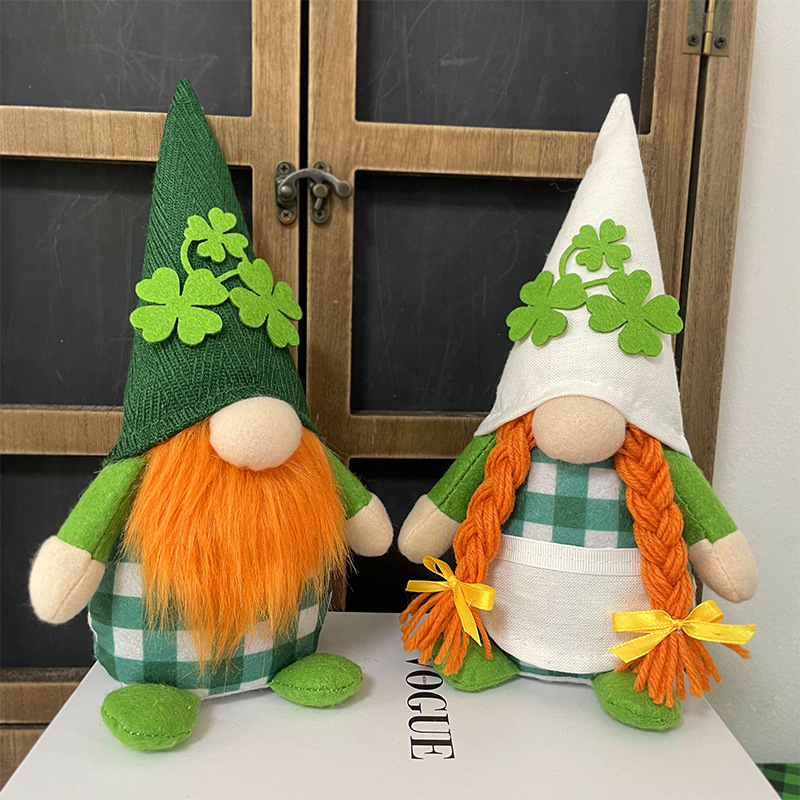 Four Leaf Green Irish Plush Gnome Couple For Tabletop Decoration