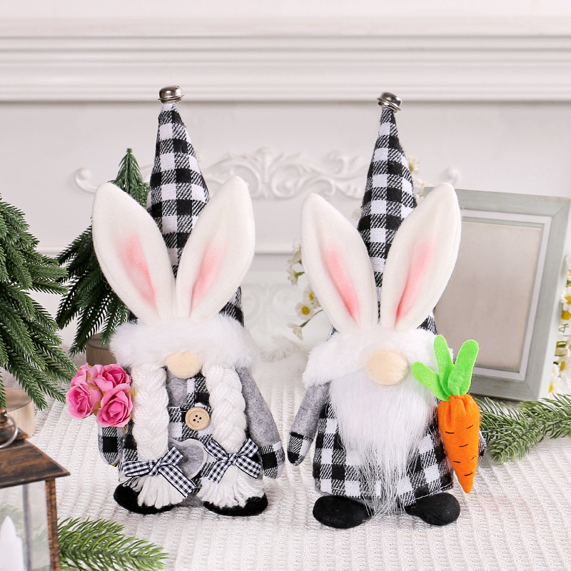 Black White Plaid Easter Bunny Doll - Cute Faceless Dwarf Toy