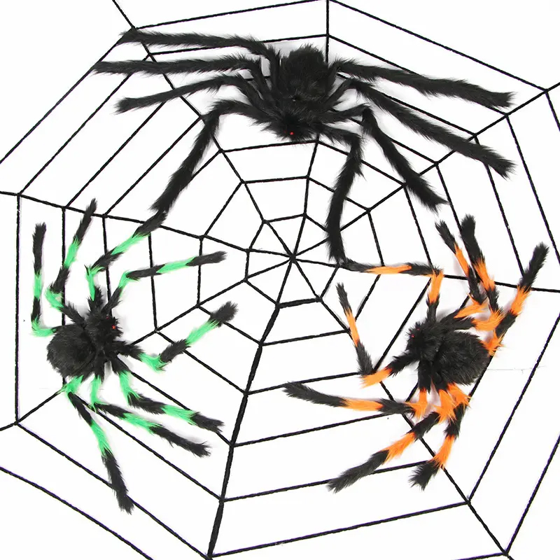 검은 거미가 있는 대형 야외 할로윈 거미줄 세트