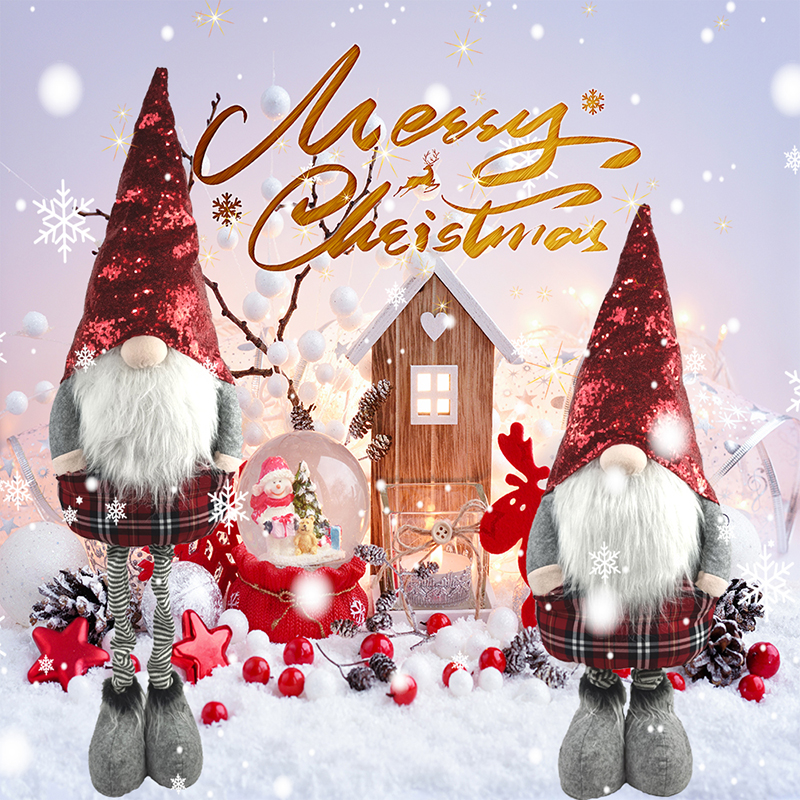 Pluszowy Mikołaj bożonarodzeniowy stojący z czerwonym cekinami i gnomem