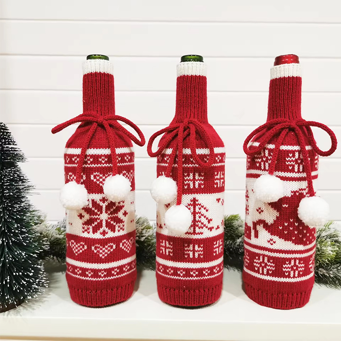 क्रिसमस बुना हुआ वाइन बोतल कवर - उत्सवपूर्ण लाल