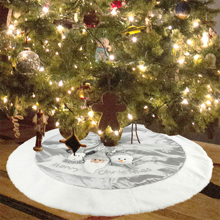 Falda de árbol de peluche de muñeca navideña plateada brillante