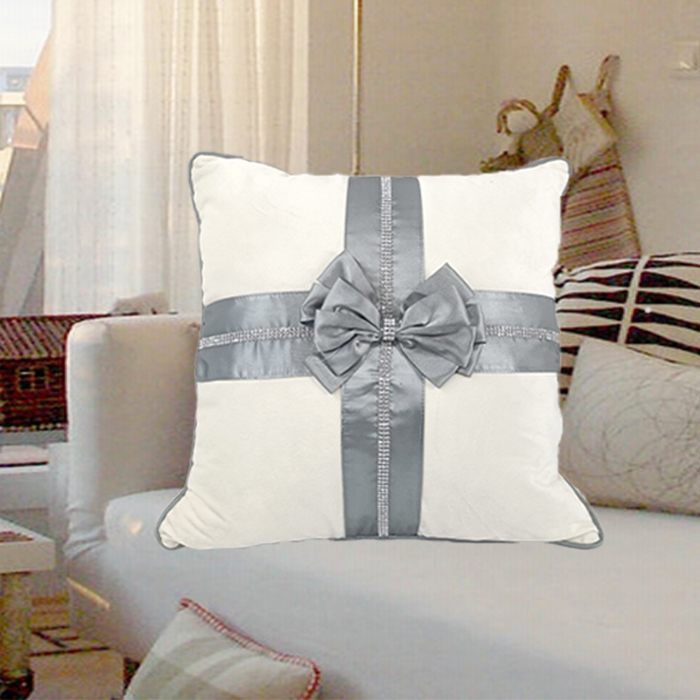 Luxury Silver Bow White Throw Pillow