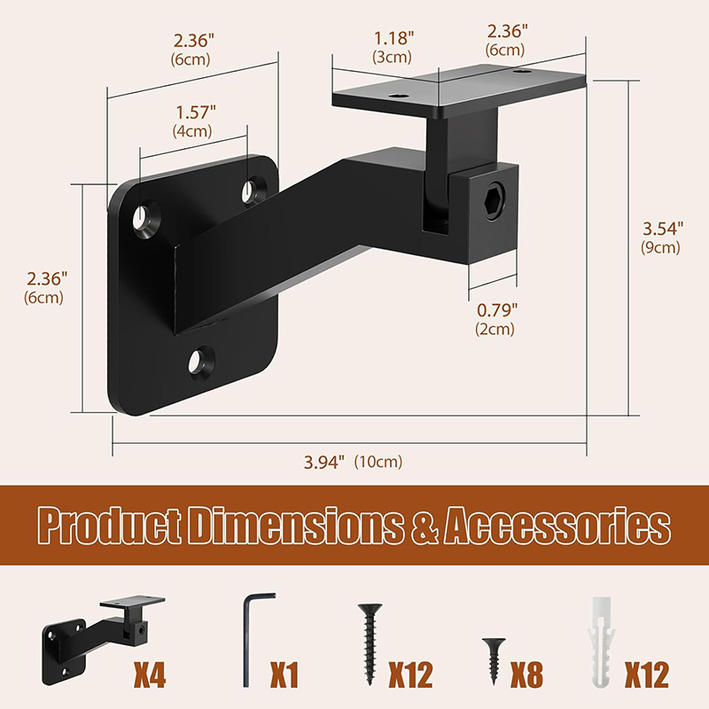 Adjustable Handrail Brackets for Indoor Stairs, 4 Pack Black Stair Railing Bracket for Staircase Stair, Swivel Hand Rail Brackets Banister Brackets for Stairs, Corrid ( (5)h12