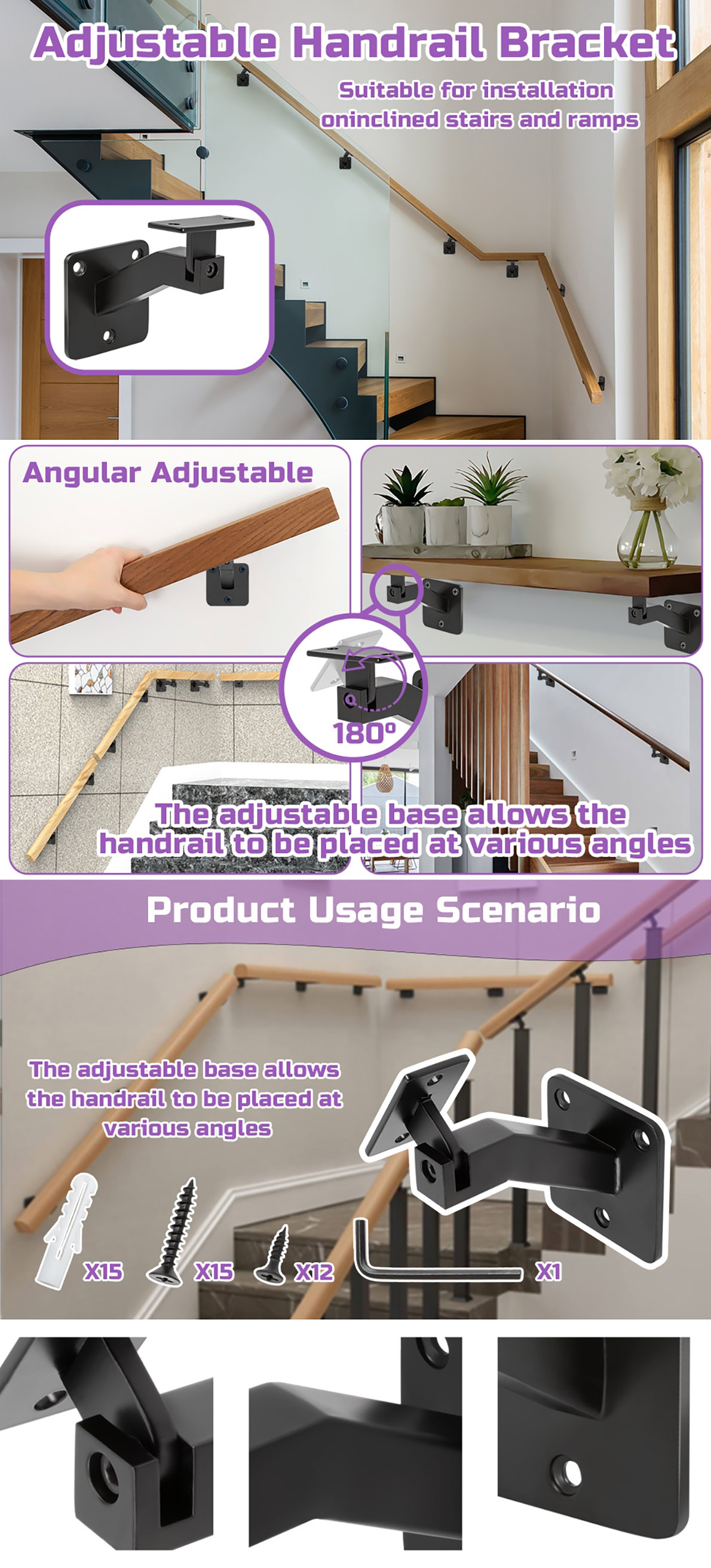 Adjustable Black Handrail Bracket para sa Indoor Stairs, DIY Wall Mounted Stair Railing Bracket, para sa Stairs, Corridors, Offices, Living Rooms (10)v57