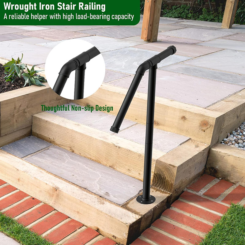 Single Post Handrail Stair Railings for Outdoor Steps Fit 1-2 Steps Outdoor Wrought Iron Handrails with Base Transitional Porch Railing for Concrete Steps or Wooden Stairs, Blac ( (4)g9r