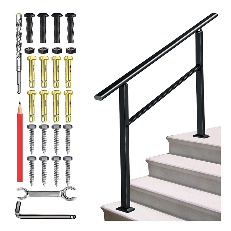 Handrail for Outdoor Steps 4 Ft Stair Railing Fits 4 to 5 Steps Wrought Iron Hand Rail Adjustable Porch Railing Step Handrail with Assembly Kit, Black