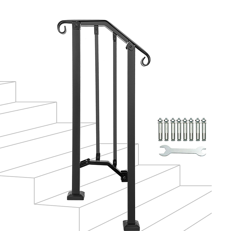 Adjustable Handrail, Handrail Picket #2 Fits 2 or 3 Steps, Mattle Wrought Iron Handrail, StairRail with Installation Kit Handrails for Outdoor Steps, Black