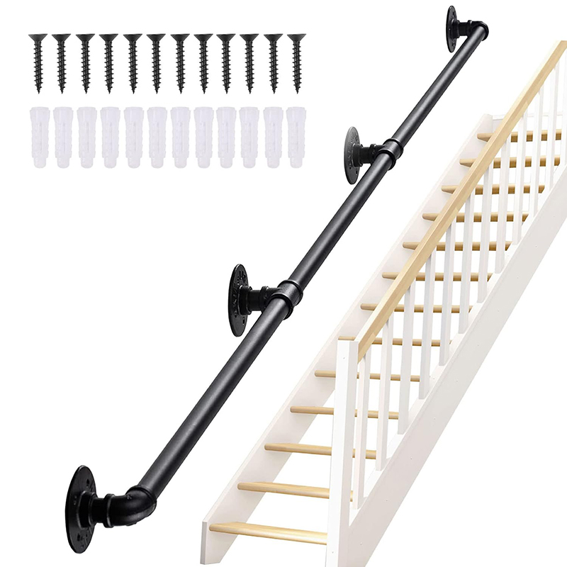 Seeutek Staircase Handrails 10FT Handrails for Indoor Stairs Stair Railing Hand Railings for Stairs Metal Railing Black Wrought Iron Pipe Handrail with Wall Mount Support