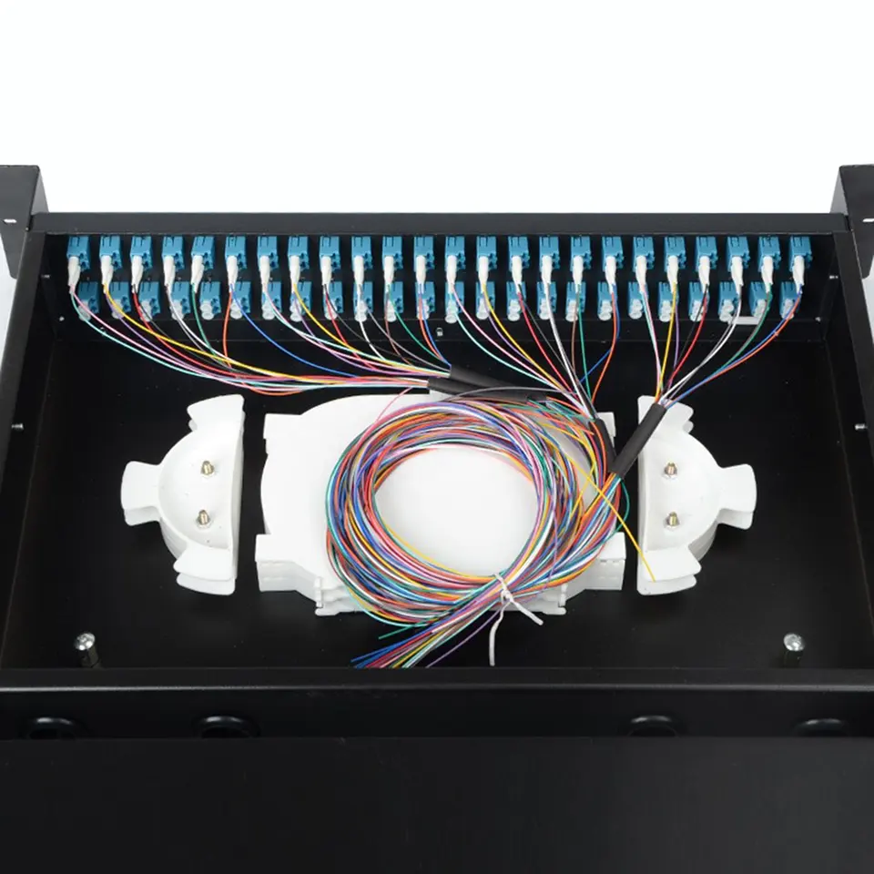 Panel de conexión de fibra óptica montado en bastidor tipo cajón de 19 ”, 2U, 96 núcleos, con adaptador dúplex LC de 48 Uds., coleta Simplex