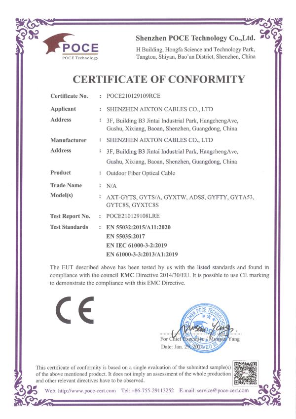Udendørs fiberkabel CE-certifikat