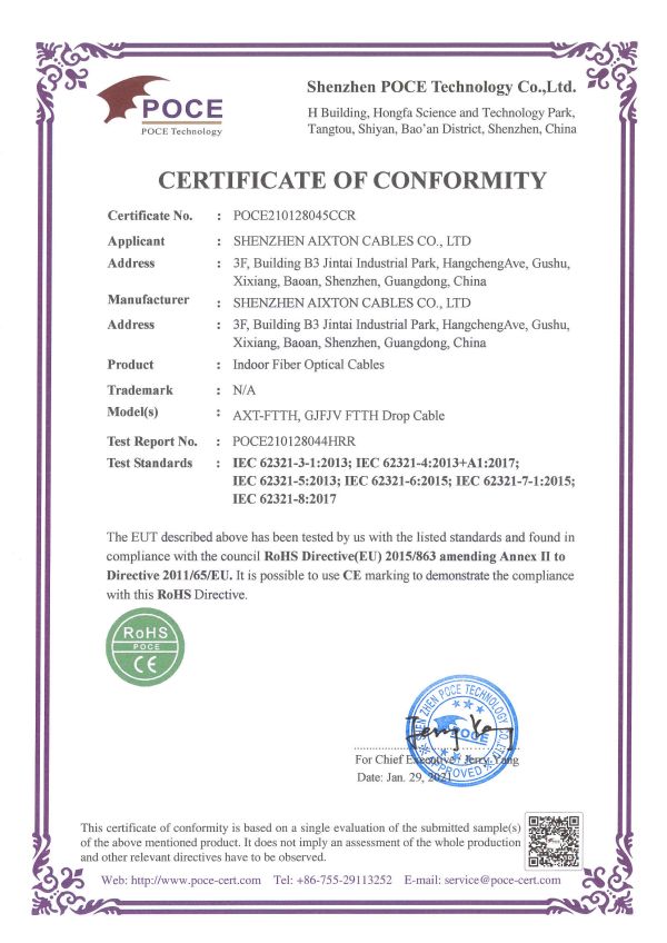 Indendørs fiberkabel ROHS-certifikat