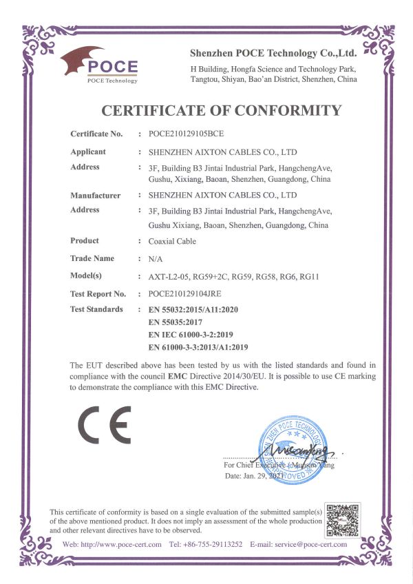 CE-certifikat for koaksialkabel