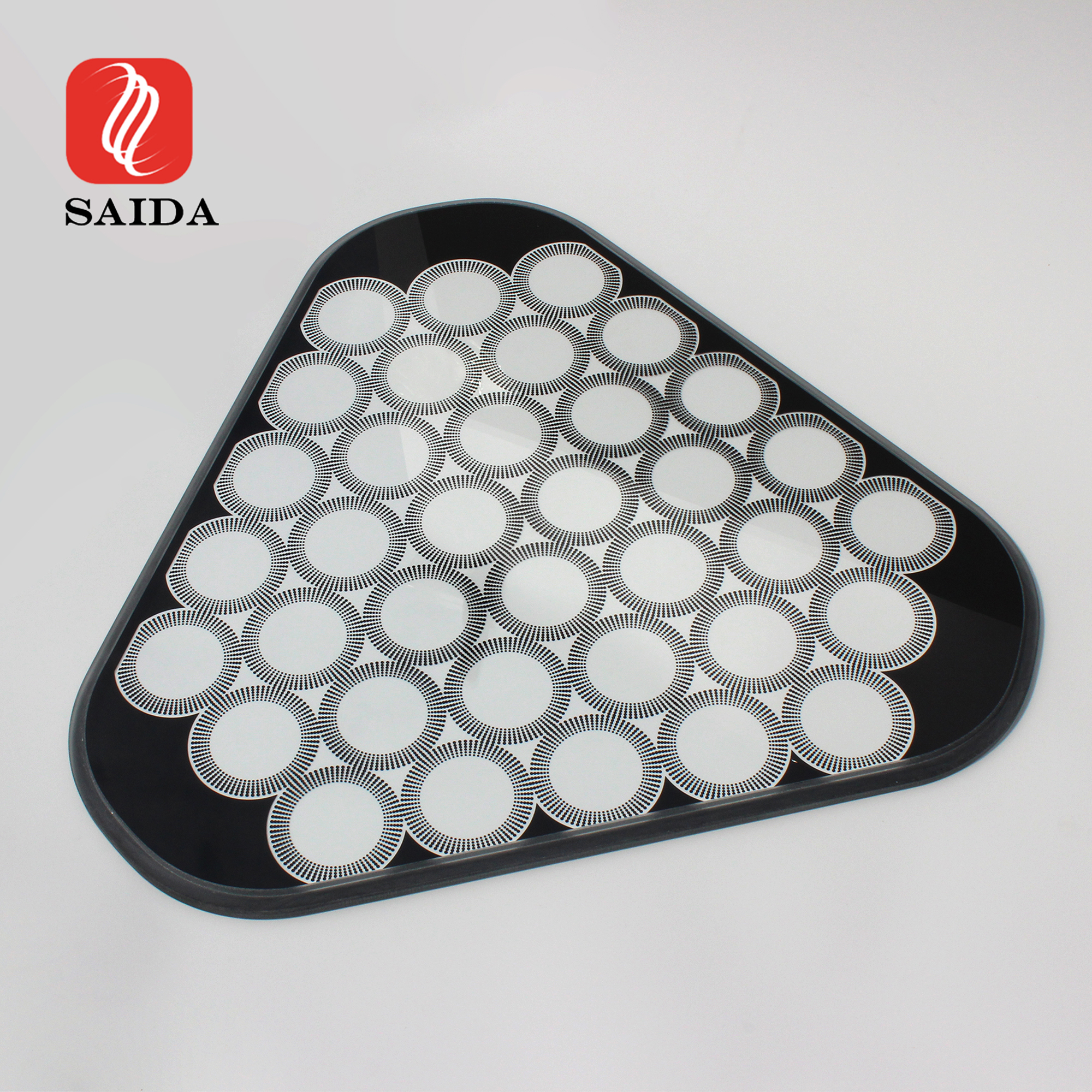 OEM Κορυφαίας ποιότητας ακανόνιστου σχήματος Ultra Clear Ceramic Printing Tempered Cover Glass για φωτισμό σκηνής LED