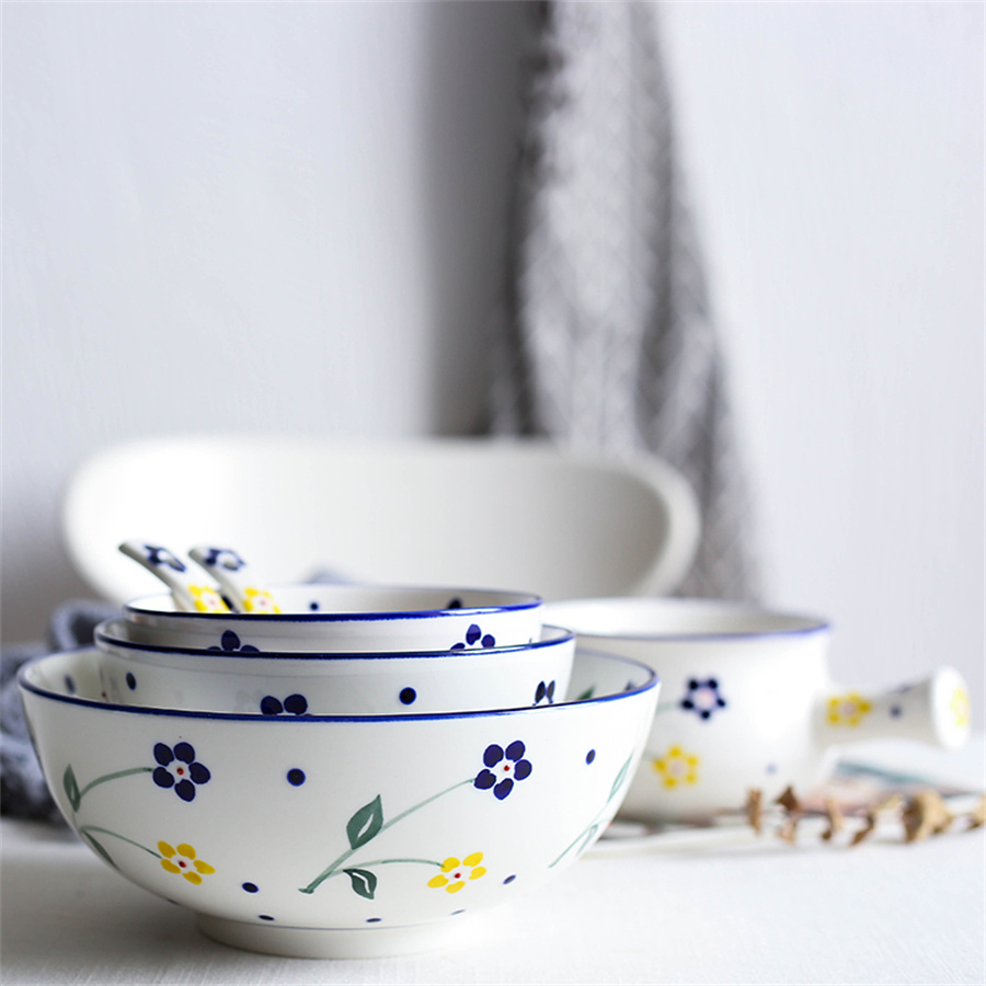 Hand Painted Flower Ceramic Stoneware Noodle Bowl Set