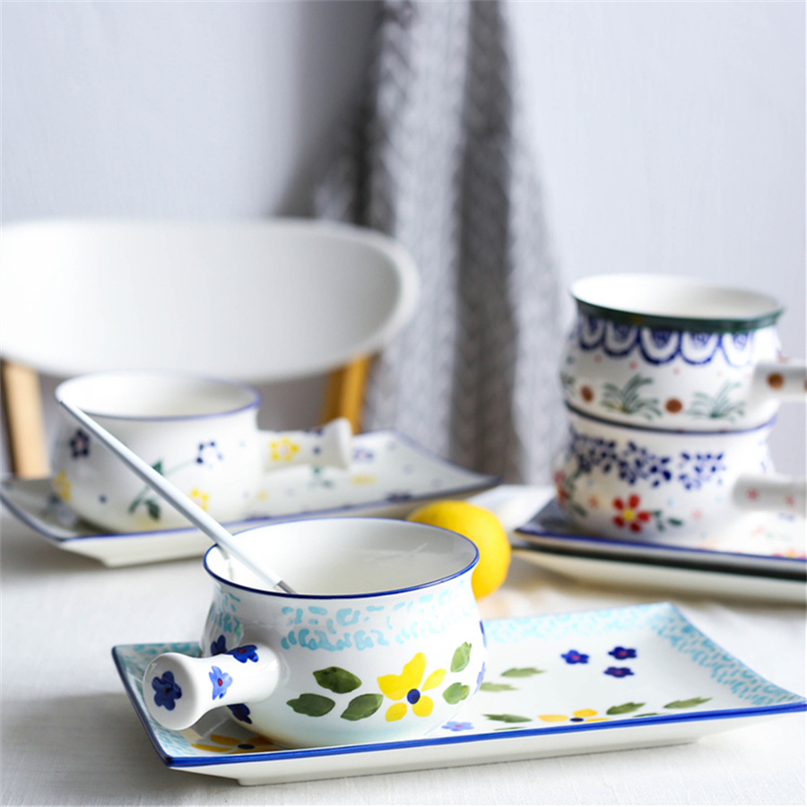 Hand Painted Flower Ceramic Breakfast Dinnerware Stoneware Bowl Plate Set