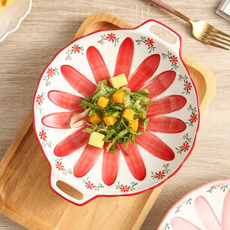 Ceramics Dinnerware Hand-painting Flower Plate Household Tableware Microwave Safe 10 Inch Stoneware Salad Plates With Handle