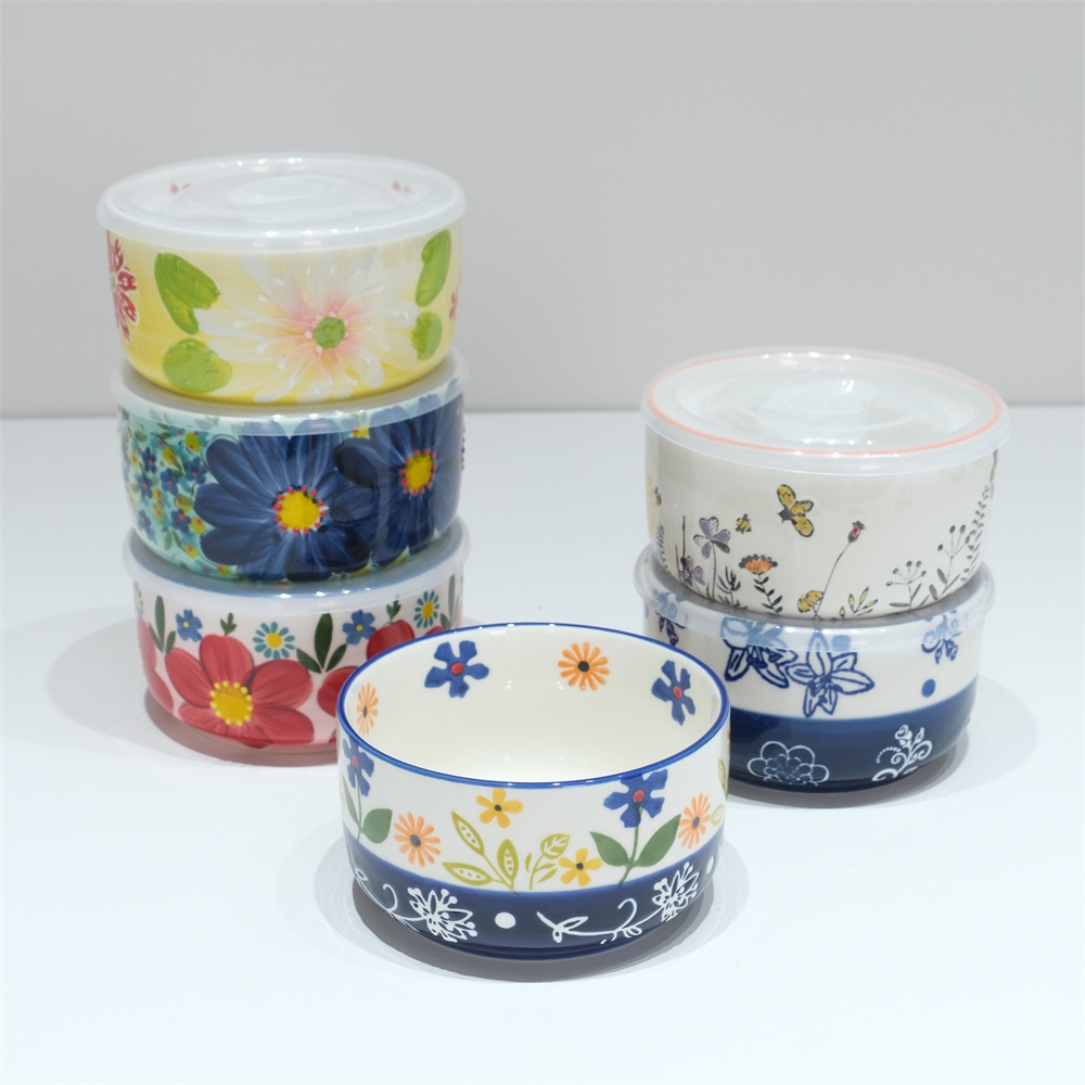 Underglaze Hand-painted Ceramic Dinnerware 5 Inch Keep Fresh Bowl With Lid Microwave & Oven Safe
