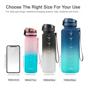 زجاجة مياه بلاستيكية UZSPACE سعة 1500 مل/1.5 لتر بألوان متدرجة تحفيزية من البلاستيك الشفاف للرياضة