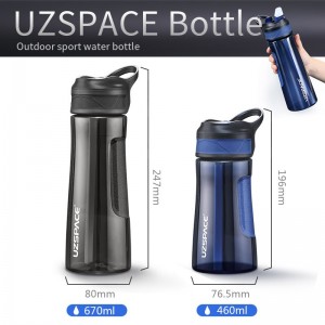 670 ml UZSPACE Прозрачни пластмасови бутилки за вода със сламка, без BPA, непропускливи, спортни пътувания на открито