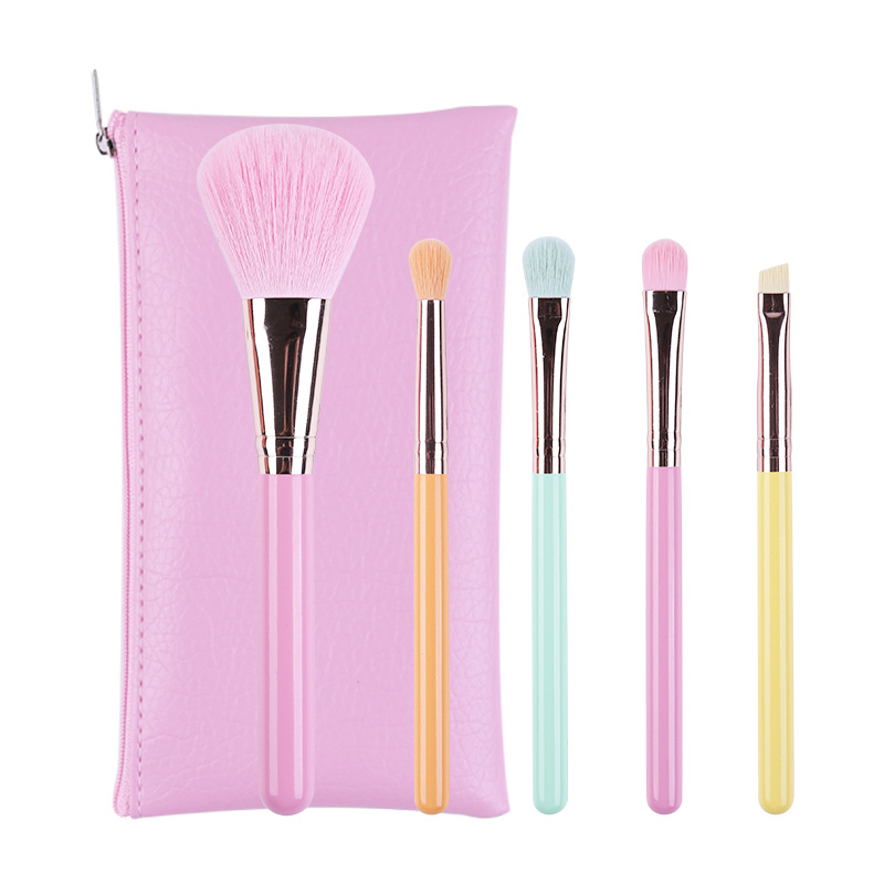 Customize Colorful Travel Makeup Brushes Soft Vegan Hair 5PCS Mini Makeup Brush Set with Beauty Bag