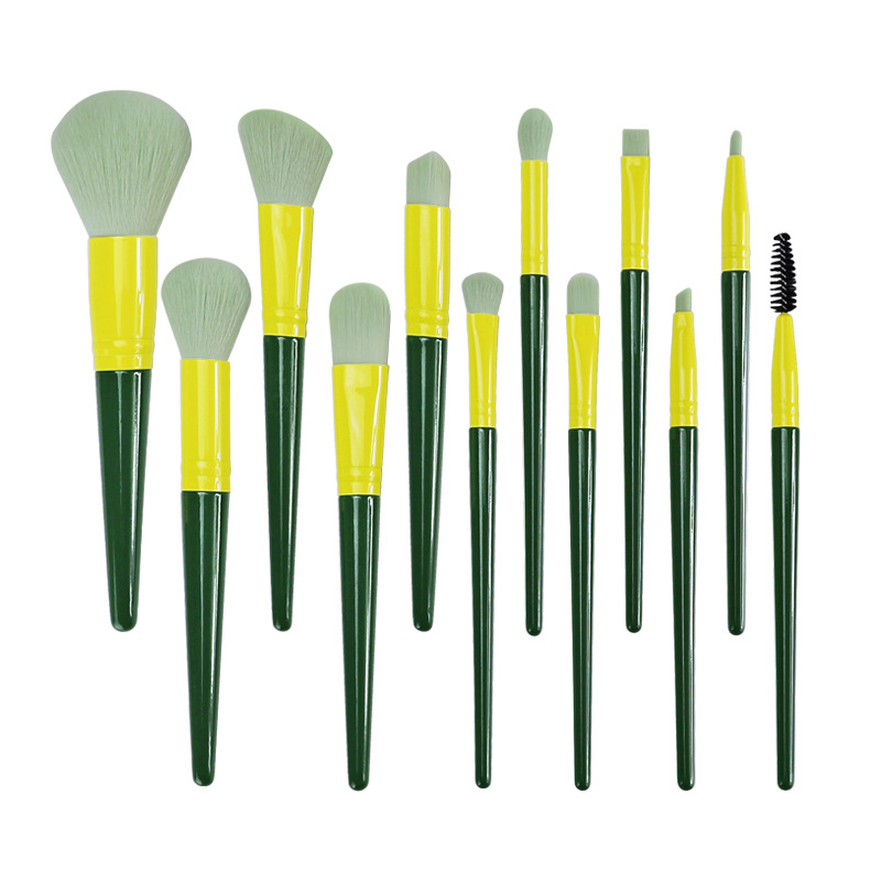 Ffatri Customize Proffesiynol Colur Set Brush 12Pcs Green Handle Meddal Fiber Synthetig Offer Harddwch gydag Achos Cosmetig