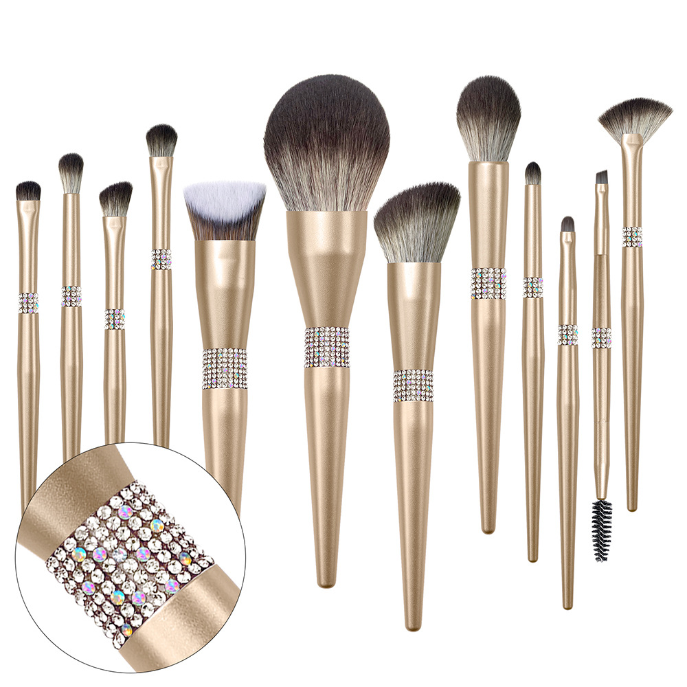 Factory New Glitter Rhinestones Makeup Brushes 12Pcs Premium Vegan Make up Kit na may Beauty Case