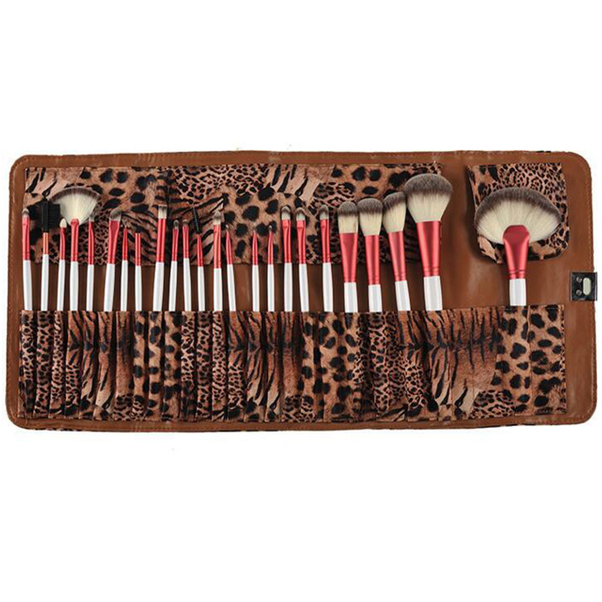 Juego de brochas de maquillaje profesional de fábrica, 24 Uds., herramientas de belleza para pestañas y base con bolsa de cosméticos con estampado de leopardo