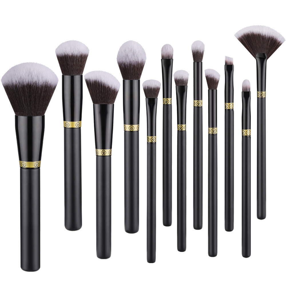 Anpassade klassiska svarta sminkborstar 12 st högkvalitativa syntetiska hårfoundation pulver ögonbryn makeup borstar set