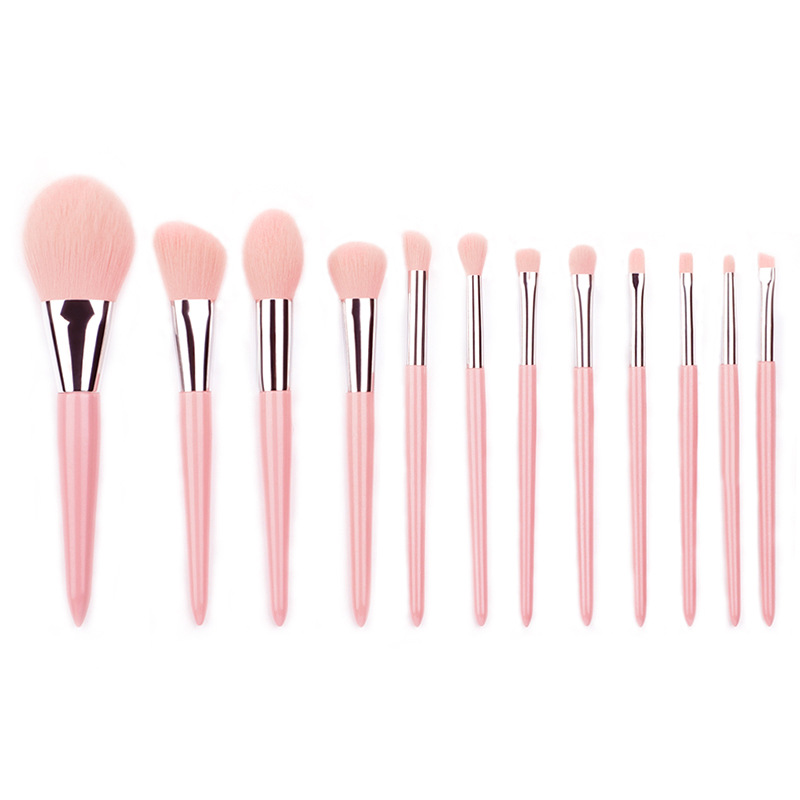 ឈុតជក់ផាត់មុខដែលមានគុណភាពខ្ពស់ 12pcs Sweety Pink Premium Synthetic Foundation Eyeshadow Brow Beauty Tools