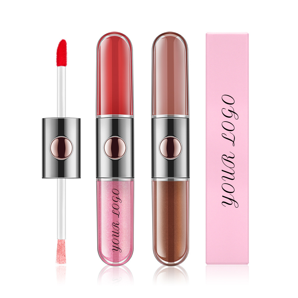 Lip Gloss Beludru Ujung Ganda Label Pribadi 2-in-1 Lipstik Cair Matte Mengkilap Tahan Lama