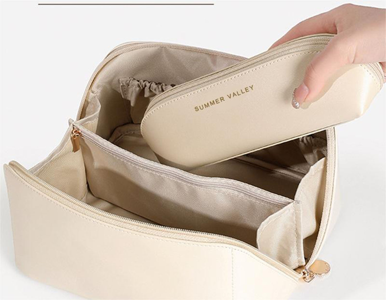 Custom High Quality Metal Puller Cosmetic Bag Women Cream PU Waterproof Travel Makeup Pouch Bag
