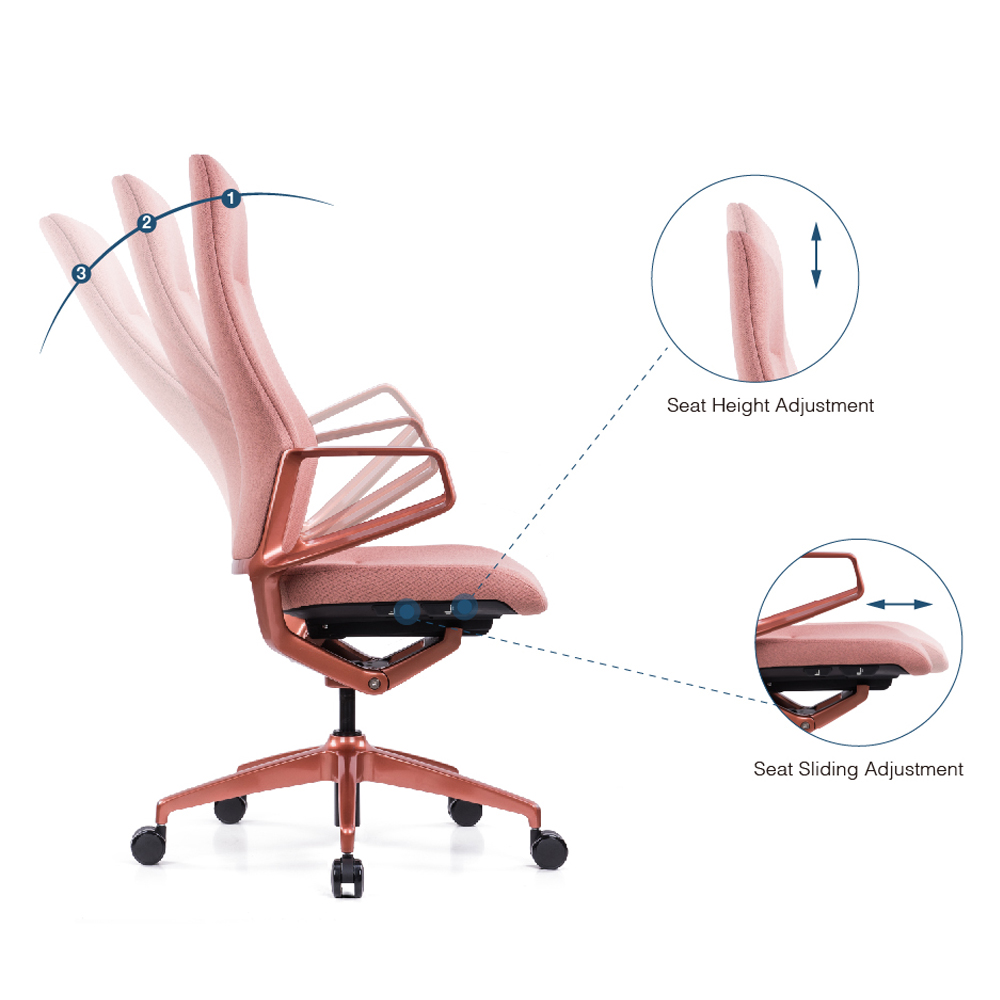 Cadeira executiva comercial ergonômica de couro com encosto alto, apoio de braço fixo de alumínio suspenso e assento deslizante, rosa/azul