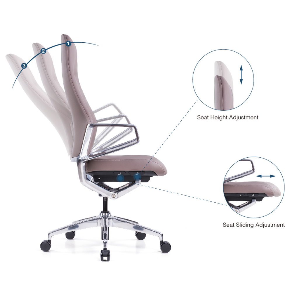 Goodtone ergonomische bureaustoel, draaibare bureaustoel met hoge rugleuning, in hoogte verstelbare leren stoel met hangende aluminium vaste armleuning