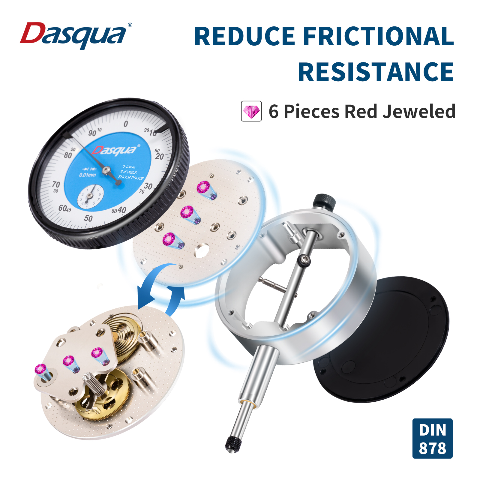 Dasqua 5121-1105 Odporny na wstrząsy precyzyjny czujnik zegarowy DIN878 ...