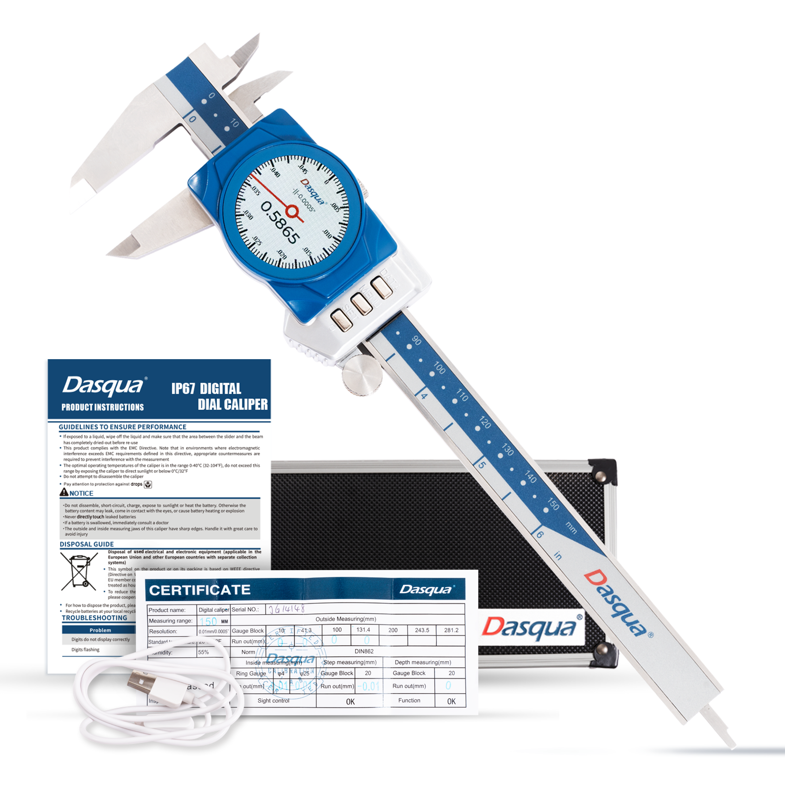 Dasqua Digitale Messschieber 150 mm/6 Zoll IP67 Elektronisches Messgerät