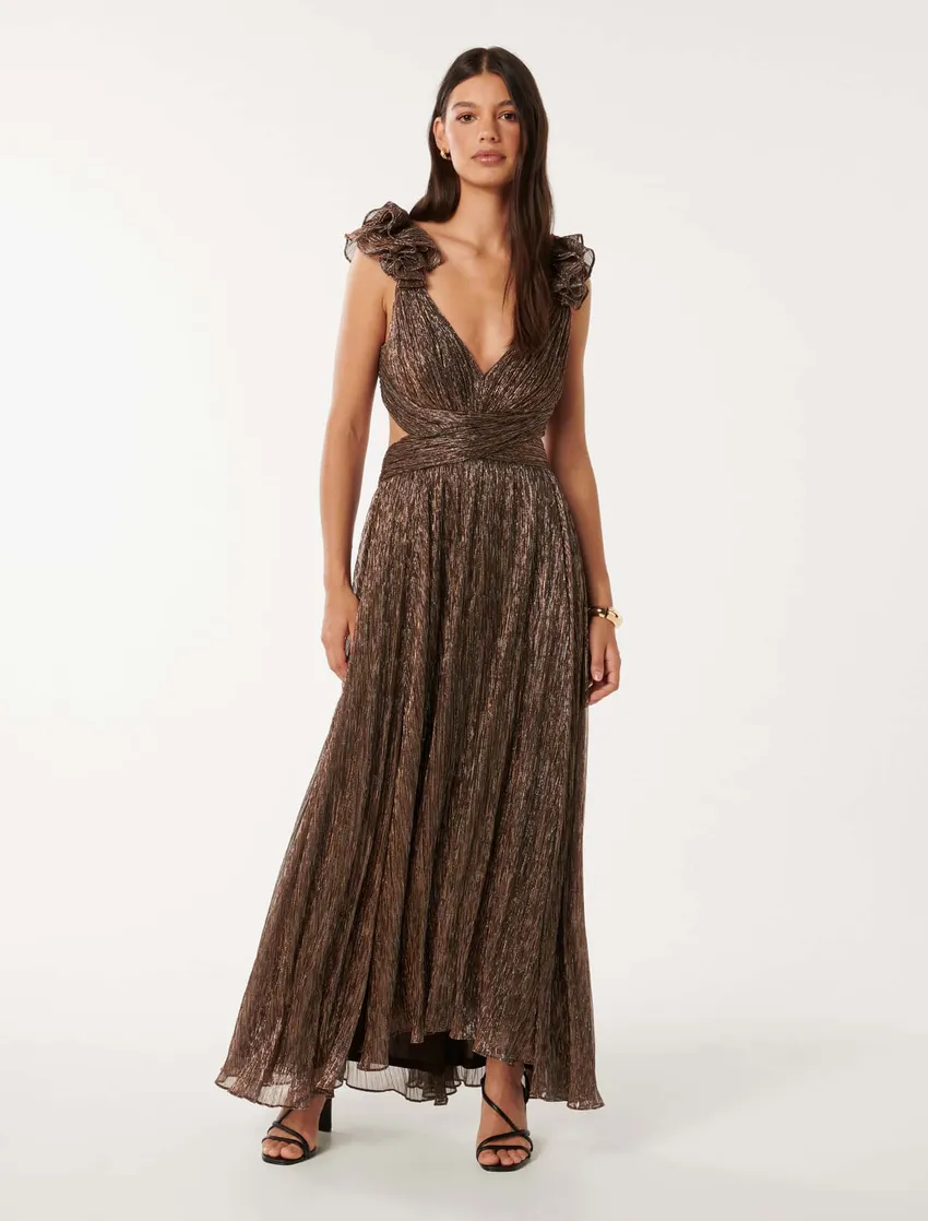 Selena Plisse Ruffle-Shoulder Maxi Dress továreň