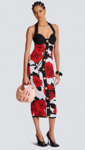 Црвени рози жакард плетен фустан без грб