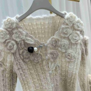 fuzzy ROMANTIC ROSE GARDEN Flower pom knit cardigan
