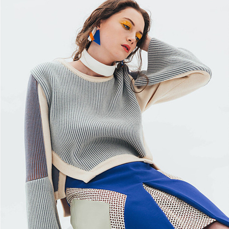 Ženski pleteni pulover s okruglim ovratnikom, rogasti rukav – novi stil-1
