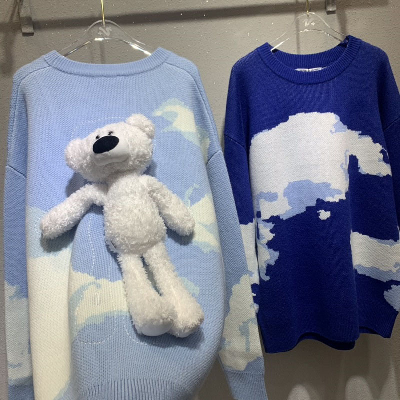 라운드 칼라 풀오버 – 푸른 하늘, 흰 구름, 토끼와 곰으로 루즈하고 편안한 스타일-1