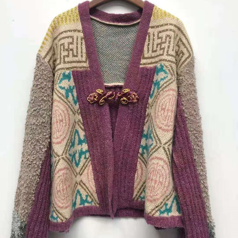Mga babaye nga seda nga knitted cardigan sa V-neck retro patch-matching-1